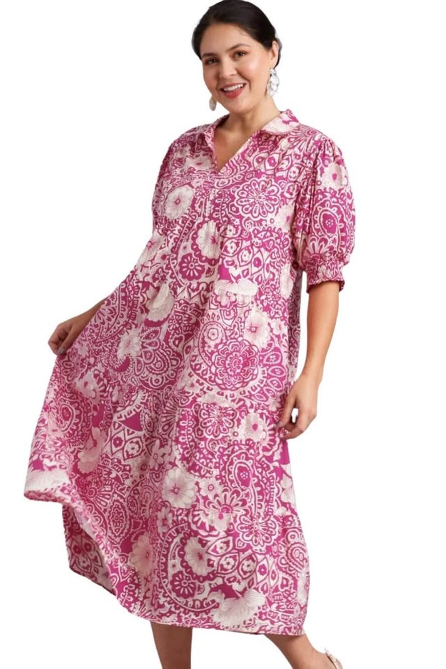 Umgee Women’s Medium Fushsia Tropical Abstract Floral Midi Dress 100% Cotton
